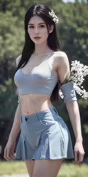 a young woman holding white flowers in her hands