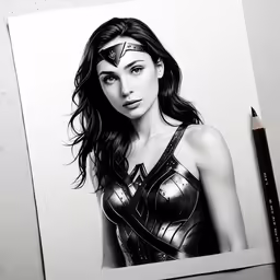 pencil drawing of a girl in a wonder costume