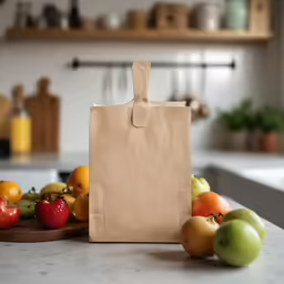 the bag is standing next to all of the fruits
