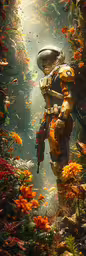 the martian walks through the colorful, mysterious floraled forest,a robot standing in the middle of some colorful flowers