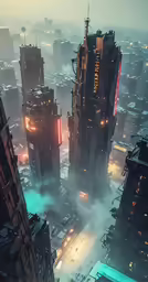 a futuristic city in the fog and rain