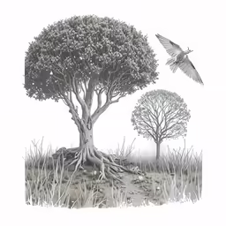 an animal flying over the top of a tree