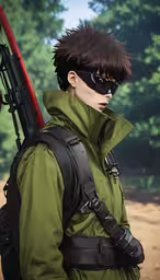 a man in sunglasses, jacket and a backpack holding a rifle,a man wearing a gas mask is holding a rifle and an outfit