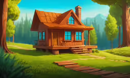 a log cabin sitting in the middle of a forest,a small cabin in a park by a tree