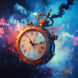 an old style clock floating in water under a cloudy sky