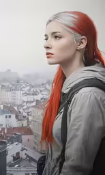 a woman standing in front of a city with buildings