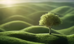 a tree on a grassy area with hills and sunlight