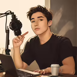 a male model with a camera and laptop and coffee