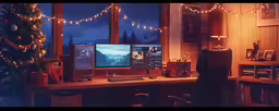 a christmas tree is sitting behind two computer monitors