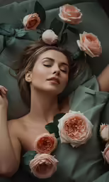 woman lying down wearing an evening dress and matching pink roses around her neck