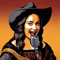 a woman with a black hat holding a microphone,an illustration of a girl in a black hat with a microphone