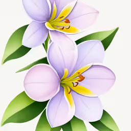 three white and purple flowers with green leaves