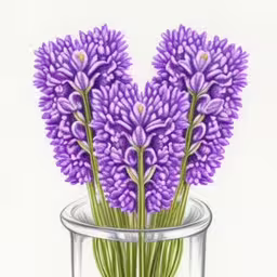 this is a colored pencil drawing of purple flowers in a clear vase