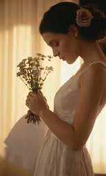 a woman in wedding dress standing holding flowers