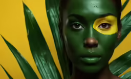 the woman is holding green plants and her face is painted yellow