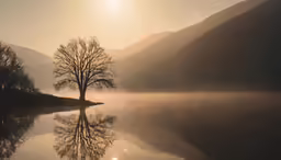 the sun shining on the fog covered landscape near a lake