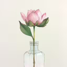 a drawing of a pink flower in a glass bottle,a pink flower in a glass vase with green leaves