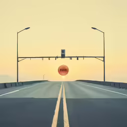 a stop sign is above the highway in an orange light
