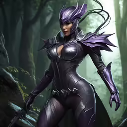 a woman wearing an alien costume is in the woods
