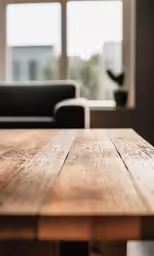 a wooden table top in front of a couch