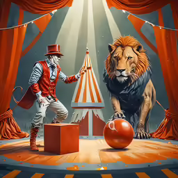 circus performers performing in a lion costume and one with a red ball