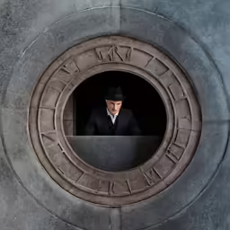 man in suit, hat, and top hat standing behind large circular object with roman numerals on it