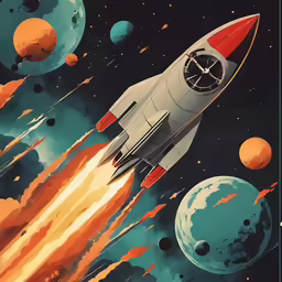 a space ship is floating through the space with planets in the background
