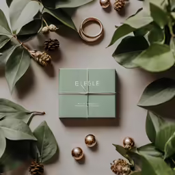 gifts wrapped in paper and tied to strings in a box surrounded by plants