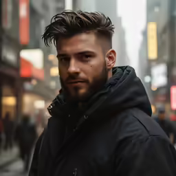 a man with short hair and a beard wearing a black jacket