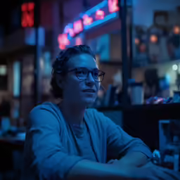 a woman wearing glasses in a bar with neon signs in the background