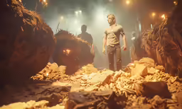 a man stands among rubble in the dark
