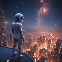 an action figure is on top of the building at night