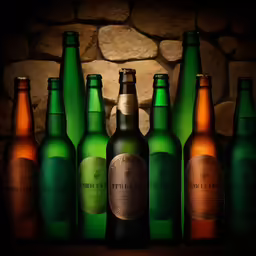 seven bottles of beer are lined up against a stone wall