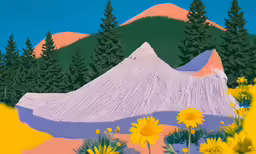 a painting of a mountain and flowers is shown