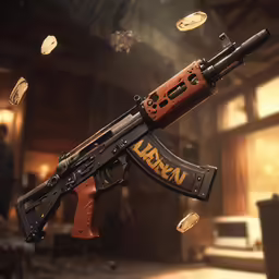 a model ak - 47, with an automatic rifle barrel and full size coin flying around