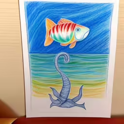 a card featuring a fish that is looking at a hook,drawing of a fish jumping out of the water