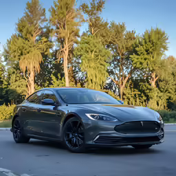 a gray sedan is parked on the side of a road