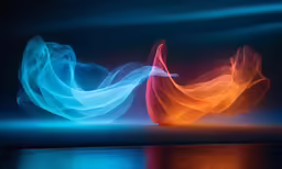 a painting of three colors are coming off of a boat