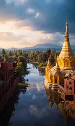 the water is surrounded by small, colorful buildings