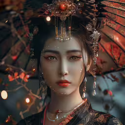a woman with dark hair holding an umbrella,oriental geisha with jeweled headdress and umbrella