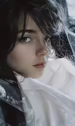a woman with long dark hair standing in the snow
