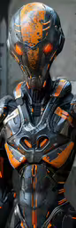 the robot is holding something orange in its hands,a man in a black suit and orange light