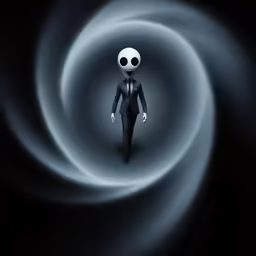 an alien walks towards a circular tunnel