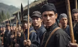 a group of people standing next to each other with long poles
