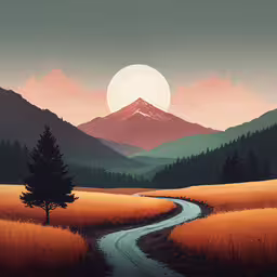 a scenic image of a rural country road leading into the mountains,a painting of a sunset over a mountain with a road and trees