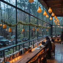 a dining room with many tables, lanterns and people eating at a restaurant