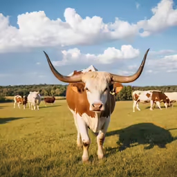 cows on grassy field under cloudy blue sky