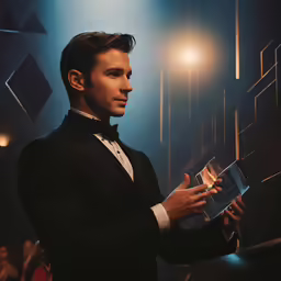 a man wearing a suit and bow tie, holding a glass of wine