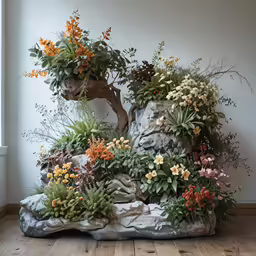 a stone planter full of potted plants, including succulents, in a corner of a room