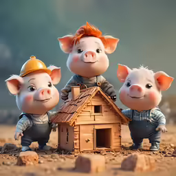 pigs are standing by a little pig house